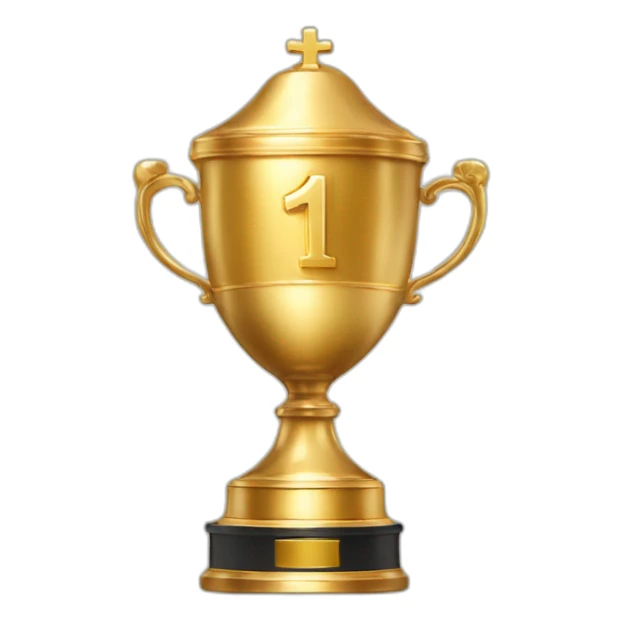 royal big empty Christian trophy for the winner with a cross on royal background  with number 1 sticker