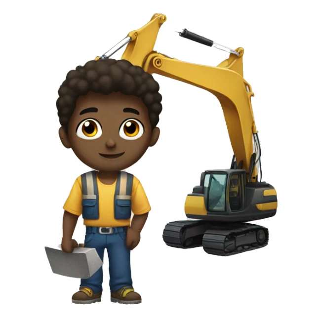 brunette boy with black eyes holding an excavator sticker