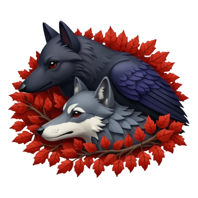 A raven and a wolf curled together with Weirwood leaves beneath them  sticker