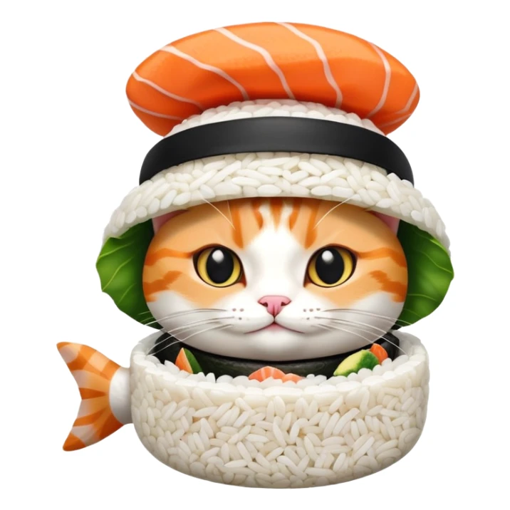 cat wearing a hat with a rice base and multiple fish pieces on top, sushi hat sticker