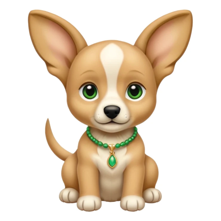 un chiot beige, les oreilles recourbées et plus foncées. Un collier vert sticker
