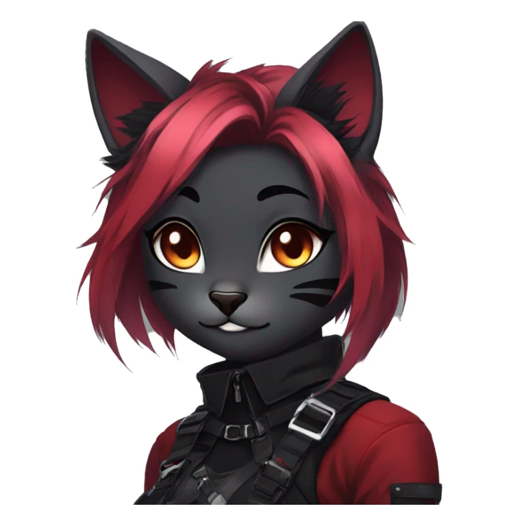 Gorgeous gothic dark techwear anime style anthro cat furry sona with blushing face aesthetic and pretty edgy black red punk messy ponytail hair with collar and harness trending style sticker