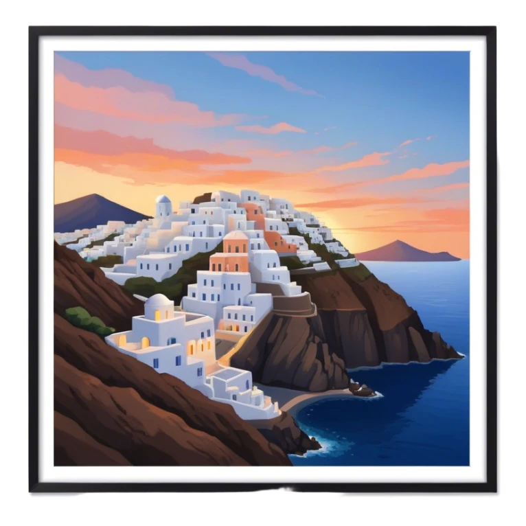 Cinematic Realistic Santorini Caldera Landmark Emoji, featuring white-washed buildings perched on volcanic cliffs, overlooking the deep blue Aegean Sea, with warm sunset hues illuminating the sky and reflecting off the water. sticker
