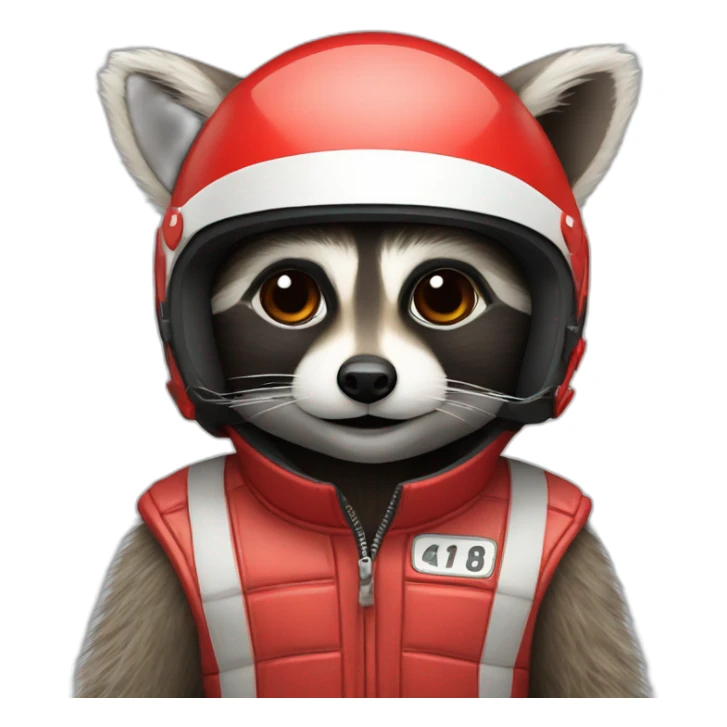 raccoon with a red formula 1 helmet on sticker