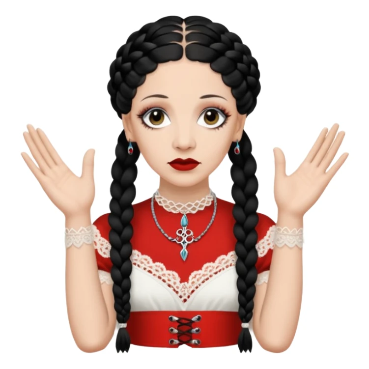 Lene Lovich as seen on the Stateless album cover with a typical symmetrical pose with her hands, lots of lace and braided hair sticker