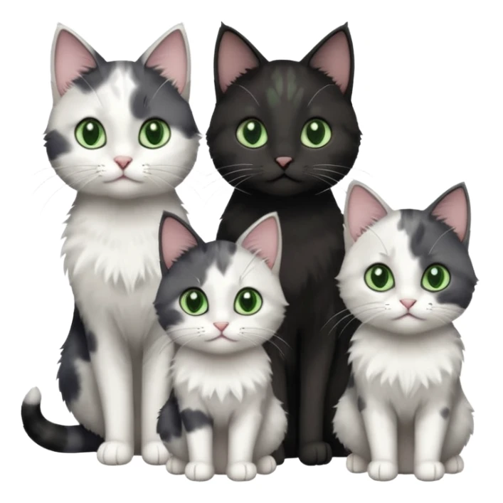 3 different coloured small cats including a dark grey and white, and a patchy calico and a completely solid dark grey with green eyes and only white paws sticker