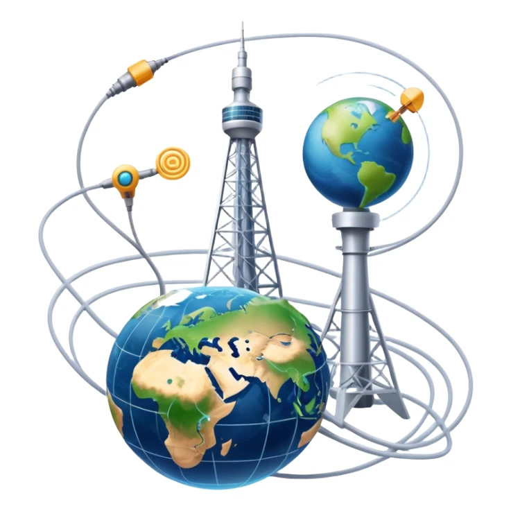 An icon featuring a communication tower with signal waves, satellites in orbit, and fiber optic cables. The design includes a smartphone and an earth with connection lines, symbolizing global communication networks. Transparent background  sticker