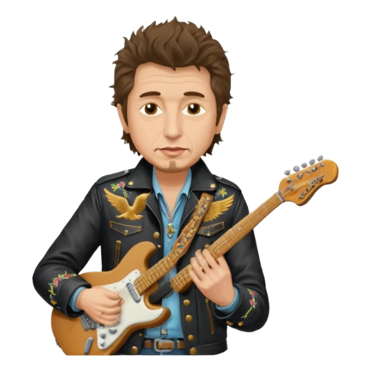 realistic cinematic bob dylan, unshaven and long haired, in a motor jacket embroidered with bronze cranes, plays an electric guitar sticker