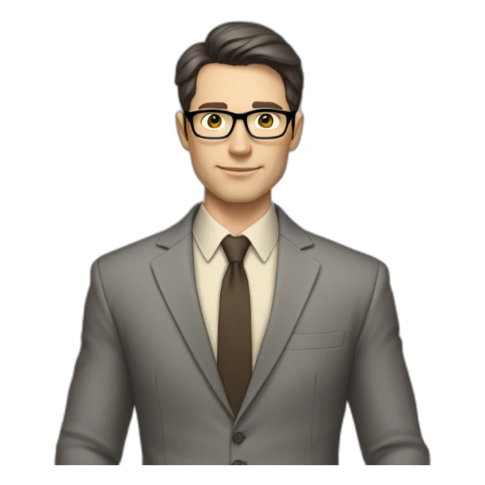 Full height Pale skinned Fit Man With dark brown hair in classic gray suit, beige office shirt, dark gray tie, and vintage glasses. His hands lock sticker