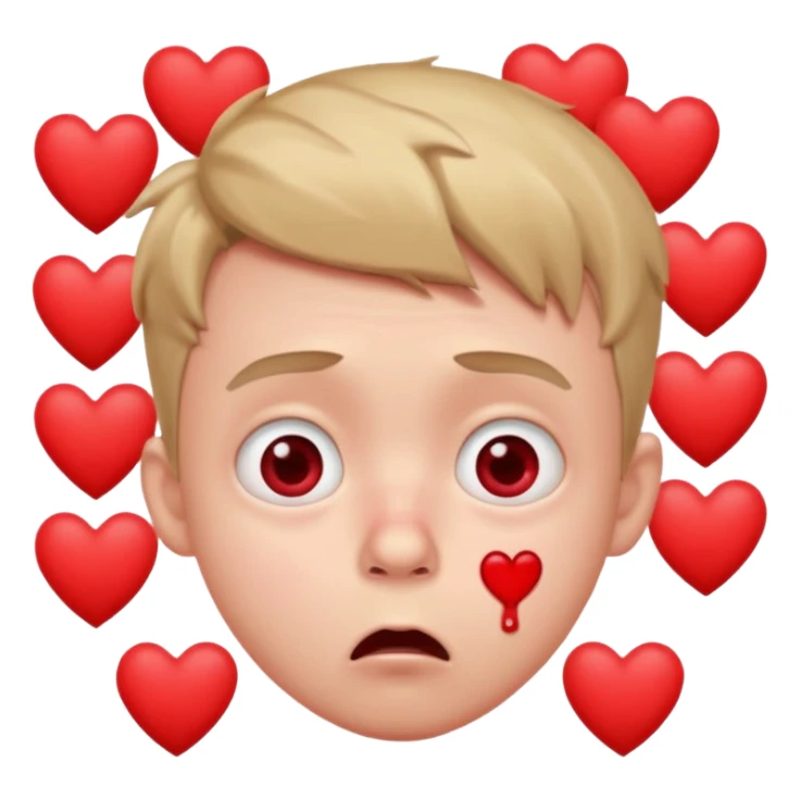 shocked cartoon boy, wide eyes, red nosebleed, blushing cheeks, surrounded by hearts sticker