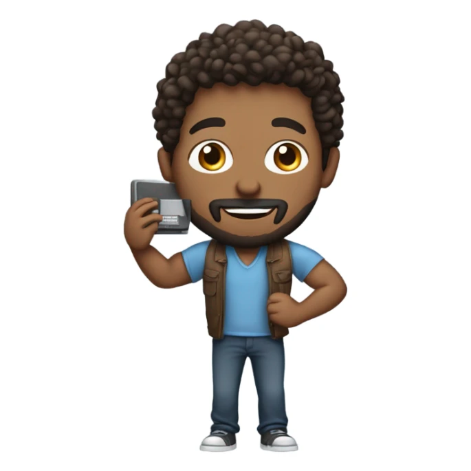 men carrying a computer in his hands. light brown skin men with curly dark brown hair, brown eyes, little grown beard. imposing, bit muscular build. dressed casual. sticker