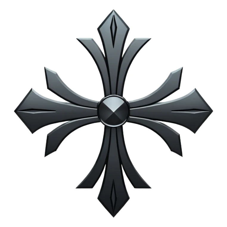 Emoji, dark futuristic cross, symmetrical geometric shape, black metal, gothic cyber aesthetic, minimal flat design, sharp edges, centered, transparent background do not use any other colors but metal and black sticker