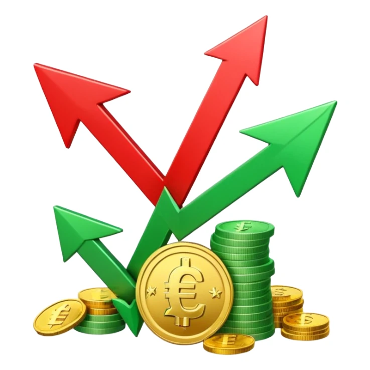 3D euro coins and banknotes stack, green upward arrow and red downward arrow, 
money flowing in and out, gold and silver coins, transparent background, 
emoji style, realistic, balanced composition sticker