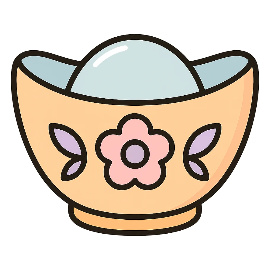 Chinese gold ingot (yuanbao) with floral pattern, thin clean contours, soft rounded shapes, pastel palette #98B5BC, #B5B3C1, #C9A3C9, #E4C0CA, #F7DCD1, #F7C0AA, detailed shadows and highlights, soft lighting, transparent background, Chinese eastern style, no surrounding decoration sticker