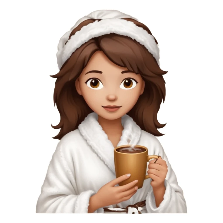 {
      "type": "human",
      "look": "fluffy robe woman, messy hair, holding cup of cocoa",
      "description": "a woman in a fluffy robe with messy hair, holding a cup of cocoa"
    } sticker
