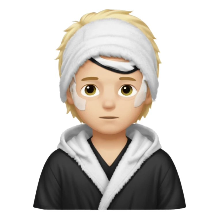 Create a blond boy with long, messy hair, light eyes, a white t-shirt, rich, with long hair, blue eyes, medium-length, voluminous hair, wearing a black Nike bathrobe and a little blush near his nose. and with a  balaclava, but showing her hair. sticker
