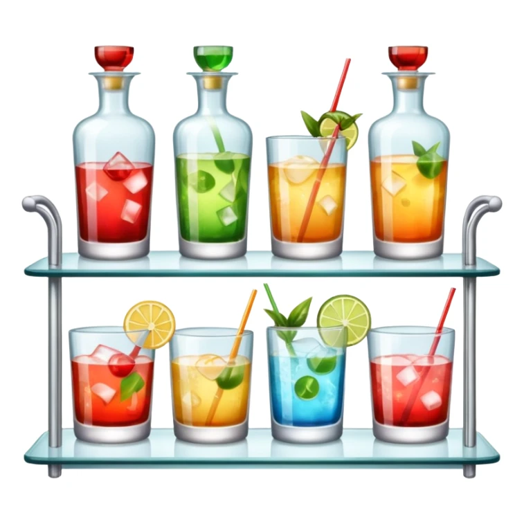 A glass shelf filled with cocktail bottles and fancy drinking glasses.
 sticker