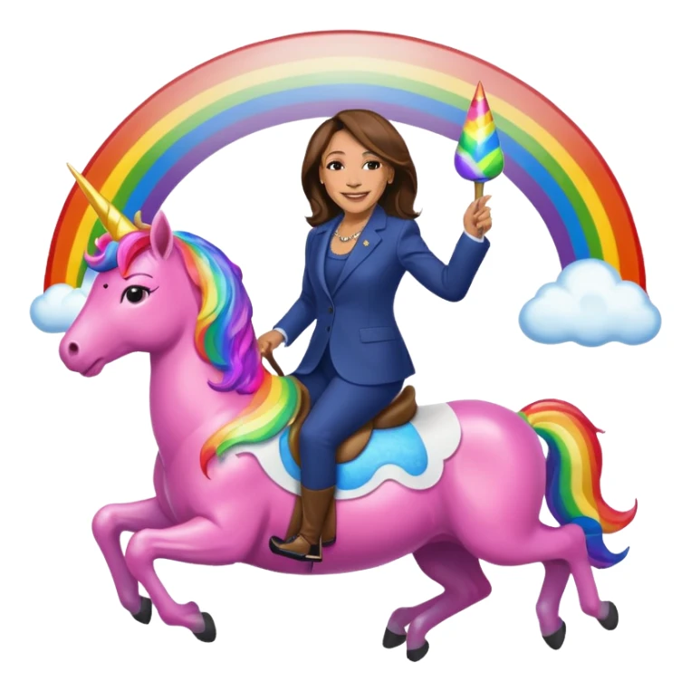 Kamala Harris and donald trump riding a rainbow unicorn sticker