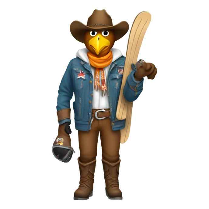 Skiier wearing cowboy gear with an eagles logo sticker