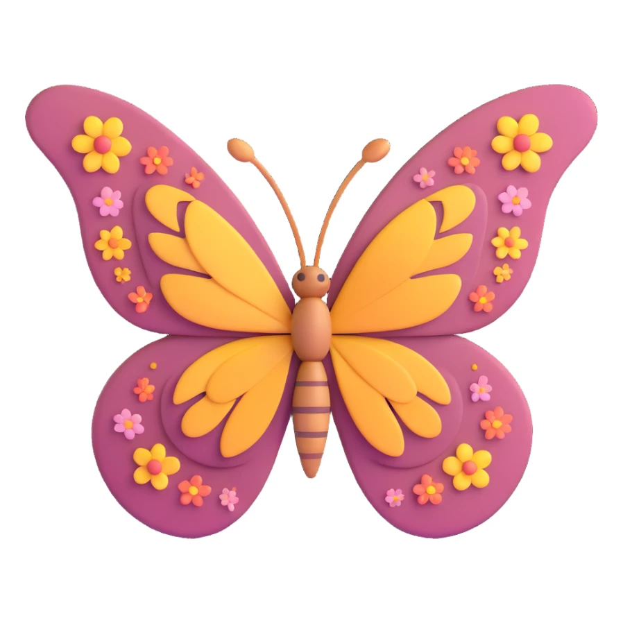 Add beautiful, subtle flower-shaped dust and petals like magical particles around the butterfly. Maintain the 3D cartoon, elegant, fantasy style with a transparent background. sticker
