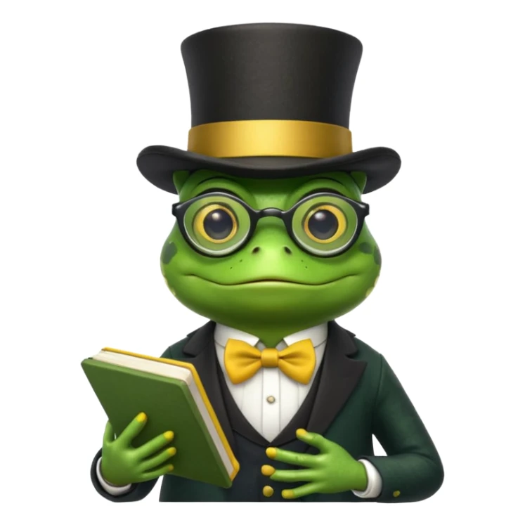 frog wearing top hat with glasses and yellow book sticker