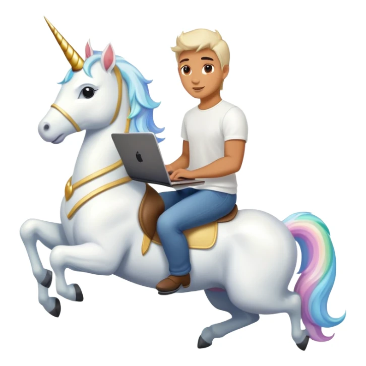Man riding unicorn with a laptop sticker