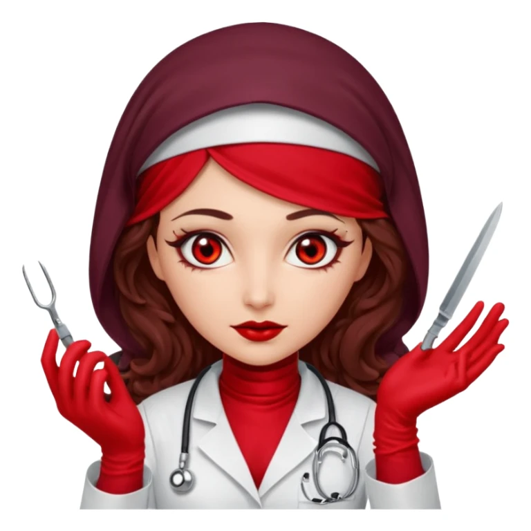 Lilith scalpel in hand, evil surgeon outfit.  She has red eyes. She has dark brown curly hair. Hair is long . Wears sexy doctor outfit with red gloves. Clears, mouth with Muslim red burka sticker