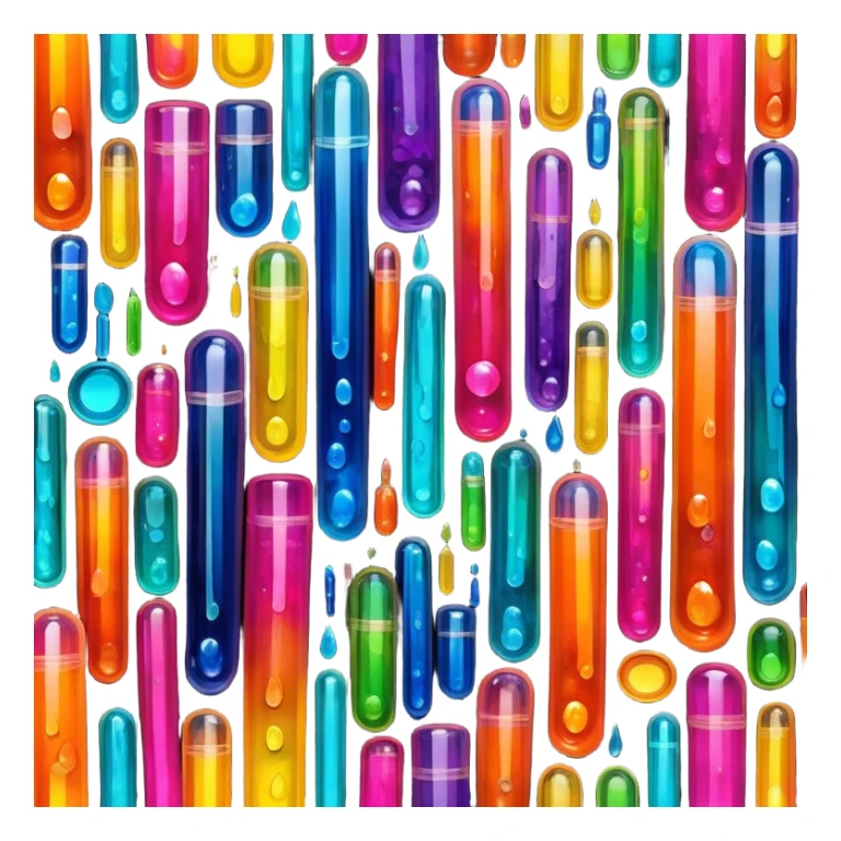 Create an icon that represents decorative arts using epoxy resin in tubes. The design should feature colorful tubes of resin, including fluorescent resin tubes, with visible drops or strokes of resin being applied to create intricate designs. Include examples of finished resin jewelry or decorative pieces, such as pendants, rings, or abstract art. The composition should feel vibrant and artistic, highlighting the creative and glowing nature of resin crafting. The background should be transparent. sticker