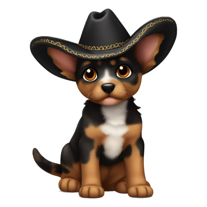 A black and brown tortoiseshell pointy ear puppy without white with pointy ears and short fur wearing a sombrero  sticker