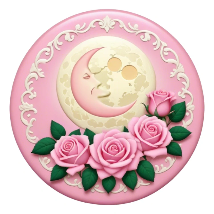 A round pink button with a light cream full damask moon and pink roses in the center sticker