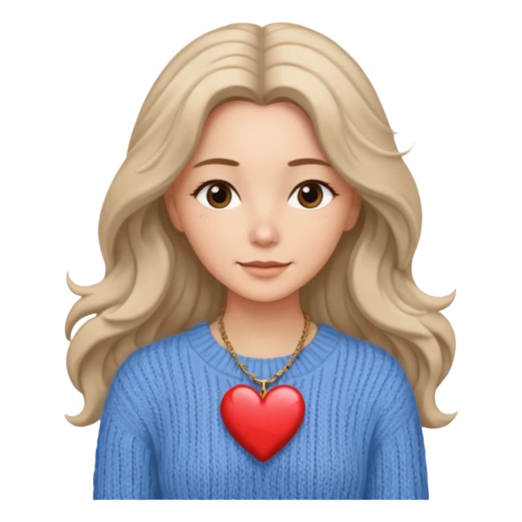 . Her skin glows warmly under the natural light, enhanced by the gentle textures of her knitted beige sweater and flowing hair. her heart-shaped necklace adds a delicate touch, while her serene expression brings a quiet strength to the portrait. The blue sky in the background.
 sticker