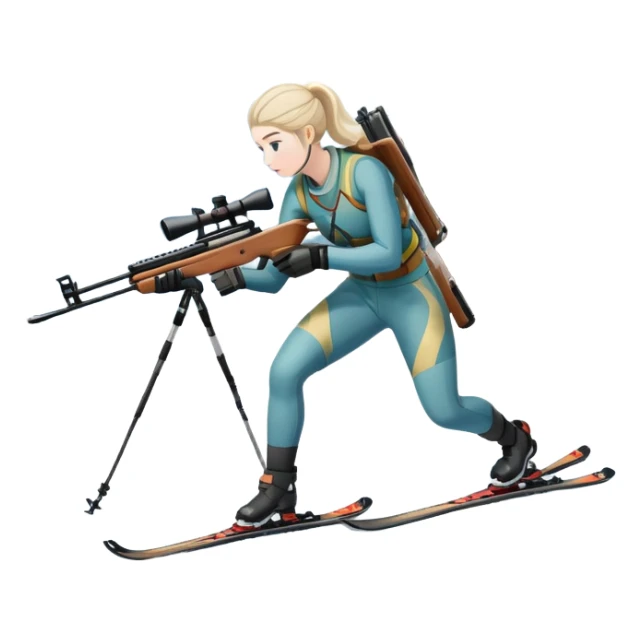 An icon showing a snowy landscape with pine trees, mountains and a clear sky with a biathlete aiming a rifle in the foreground, wearing winter gear and skis. Transparent background emphasizes the precision, endurance, and beauty of this winter sport. sticker
