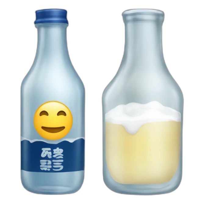 bouteille de saké avec étiquette et verre avec liquide transparent/bleuté sticker