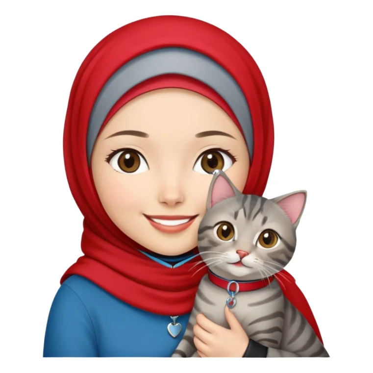 Asian White girl wearing red hijab holding a black grey tabby cat while smiling. The cat is wearing blue collar sticker