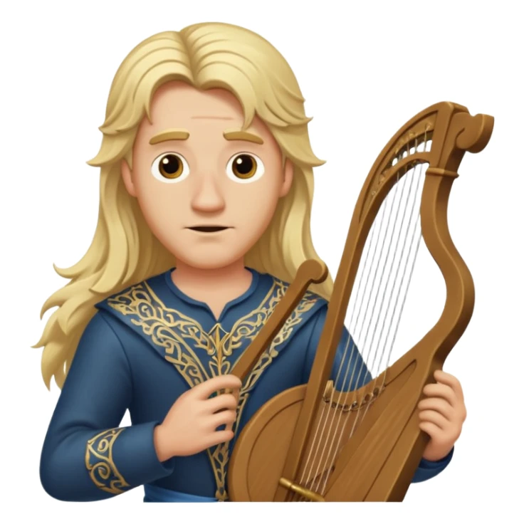 Man with long blonde hair looking overconfidentn holding a lyre sticker