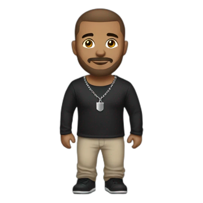 man with short brown hair shaved on the sides, low beard, eyebrow piercing, with a silver chain around his neck and wearing a black t-shirt sticker