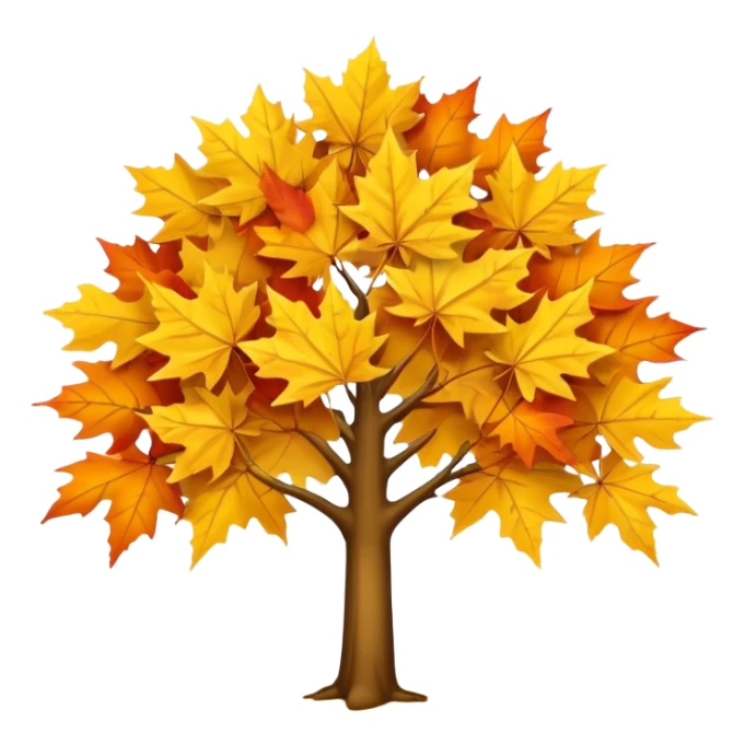 Generate a high-quality image of a yellow maple tree with autumn foliage, full canopy of leaves, realistic color and shading, smooth gradient colors, no facial features, no brand markings, simple white background, high-resolution. sticker