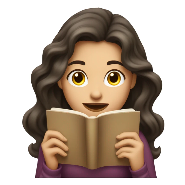brunette long wavy hair woman biting lip while holding and reading book sticker