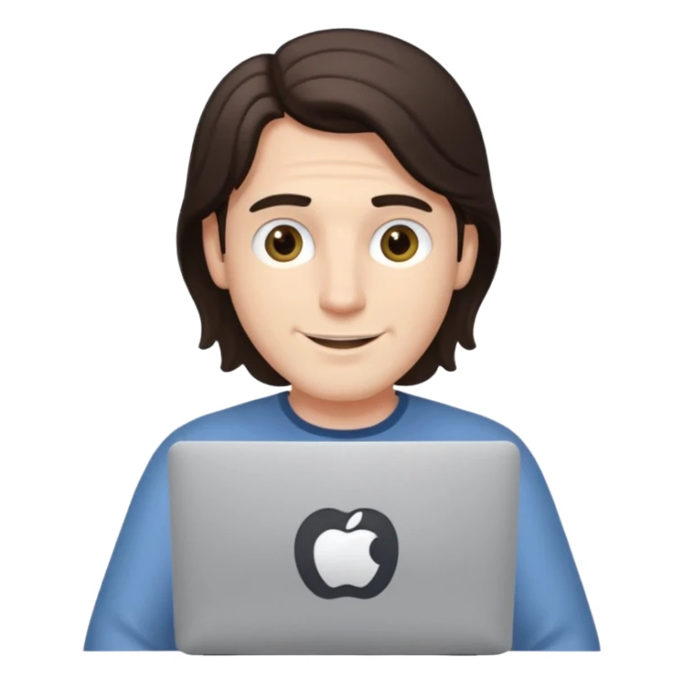 A white brunette man in his mid 20s, middle part average dude with slightly droopy eyes, happy, using a MacBook (no logo), hero for an iOS developers website sticker