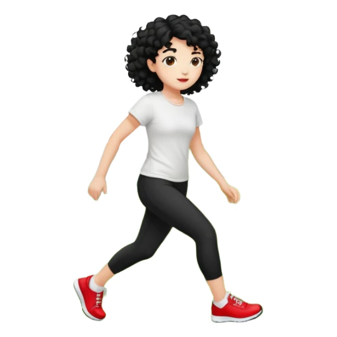 generate a pretty bratz fair skinned girl with curly black hair wearing a white tshirt trekking on a hill with red sneakers on and black leggings sticker