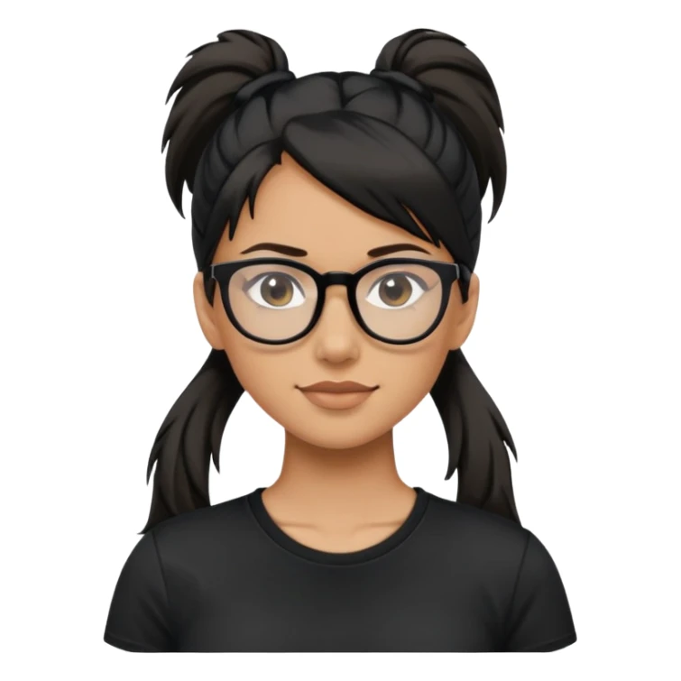 Woman with black high ponytail, glasses and black T-shirt sticker