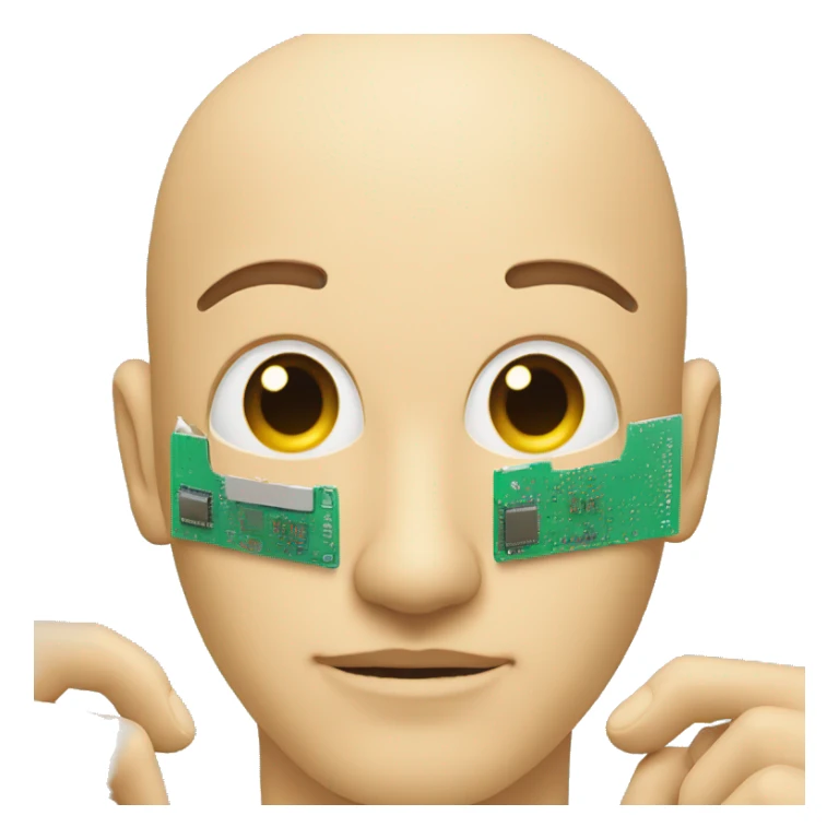 a man with half of his face tilted to the side, and microchips a inside sticker