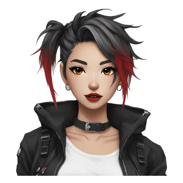 Gorgeous techwear anime style lady with blushing face aesthetic and pretty edgy black red white punk messy hair with collar and harness trending style sticker