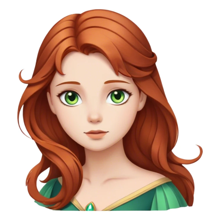 Cinematic Serene Sleeping Beauty Portrait Emoji, rendered in a simplified vector style. Depict a gentle Aurora (chest and above) with fair, glowing skin and softly cascading auburn hair, her expression calm and reflective, dressed in her timeless attire. The image exudes a soft, warm radiance with high shine and a subtle glowing outline. sticker