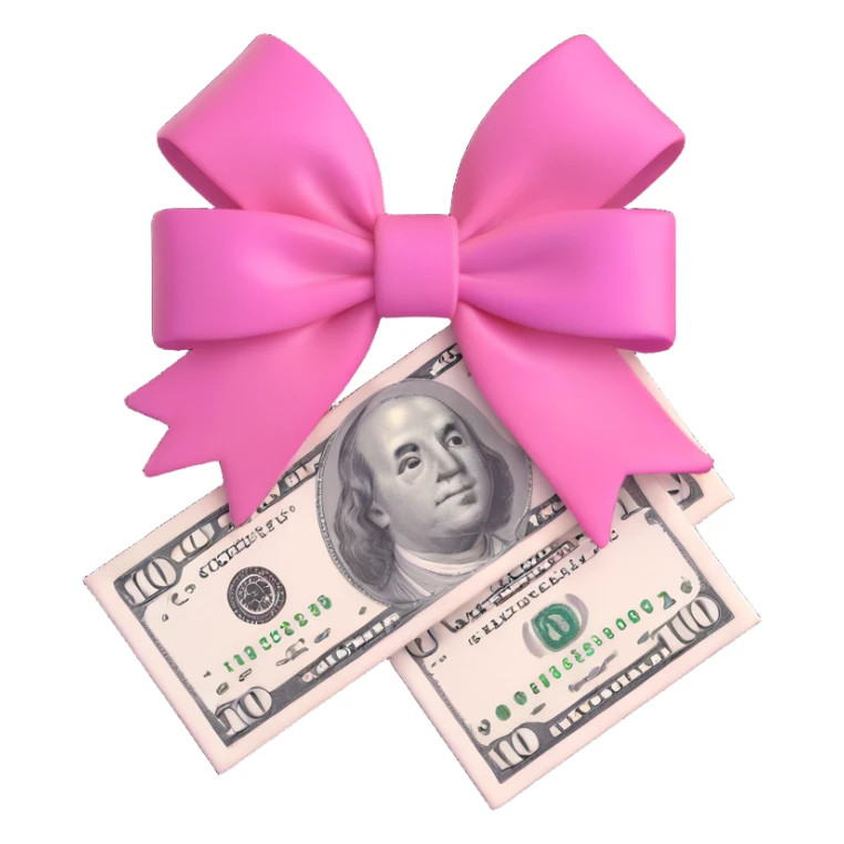 $100 bill, 3D emoji style, pink and white colors, girly, with a bow instead of a smiley face sticker