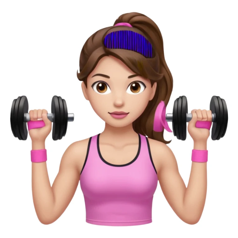 girl with wavy long ponytail brown hair, brown eyes, light to medium complexion, long lashes, light pink lipstick, wearing light pink shirt, lifting pink weights in a sports top sticker