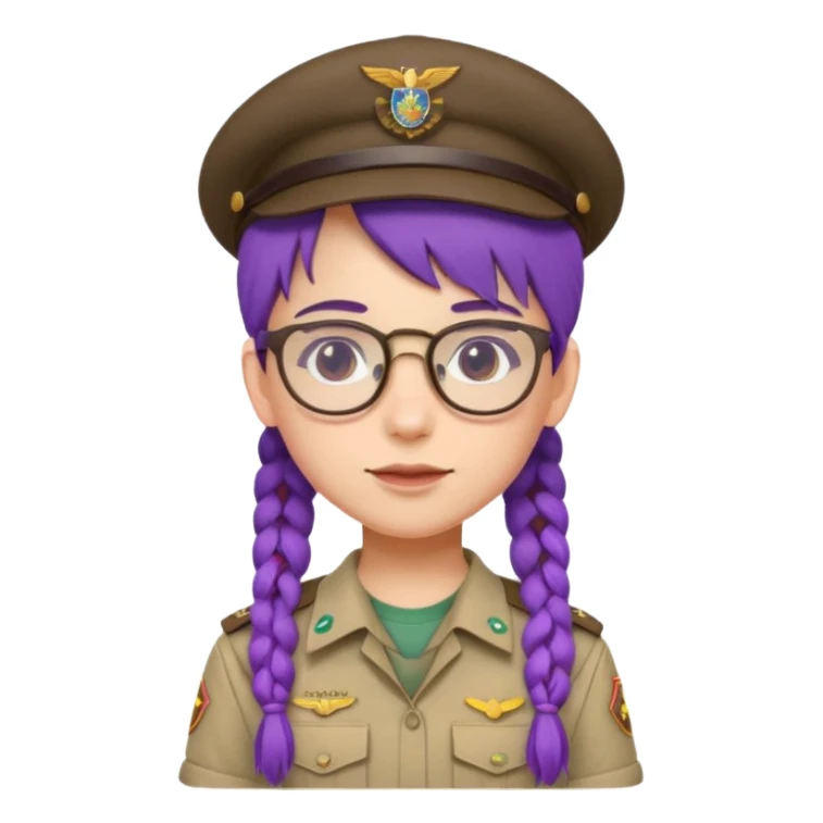 bşue uniform wearing scout kid with braids and glassess with hat purple haired sticker