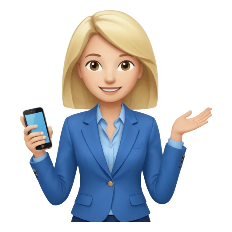Confident and outgoing female entrepreneur, Caucasian features, shoulder-length blonde hair, big friendly smile, expressive eyes, wearing a blue blazer over a light blue blouse, holding a smartphone in one hand, waist-up, front-facing sticker