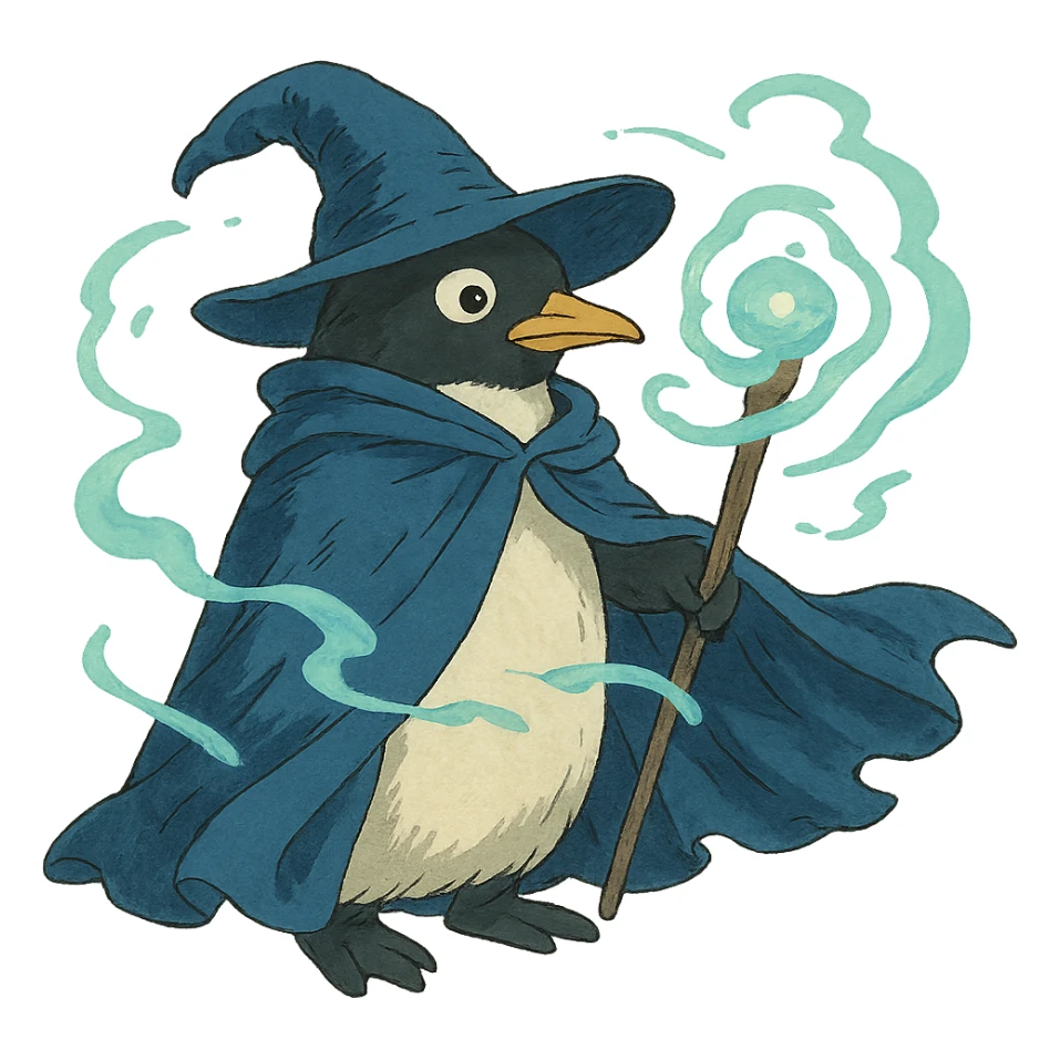 penguin wizard with a flowing cloak and magical aura sticker