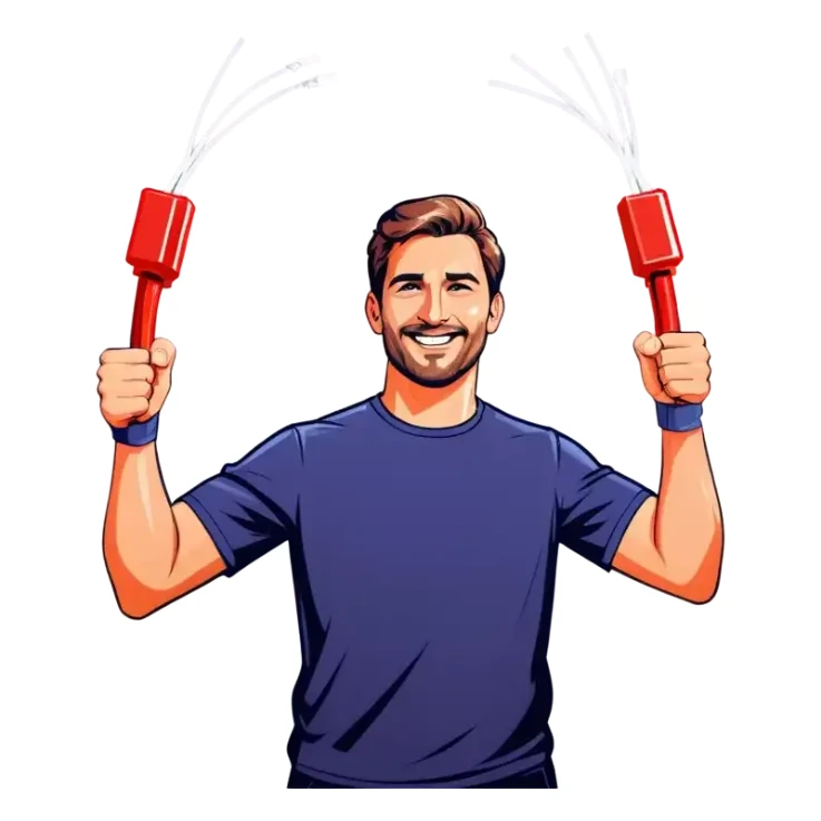 Man holding both arms in the air and holding an electrical cable sticker